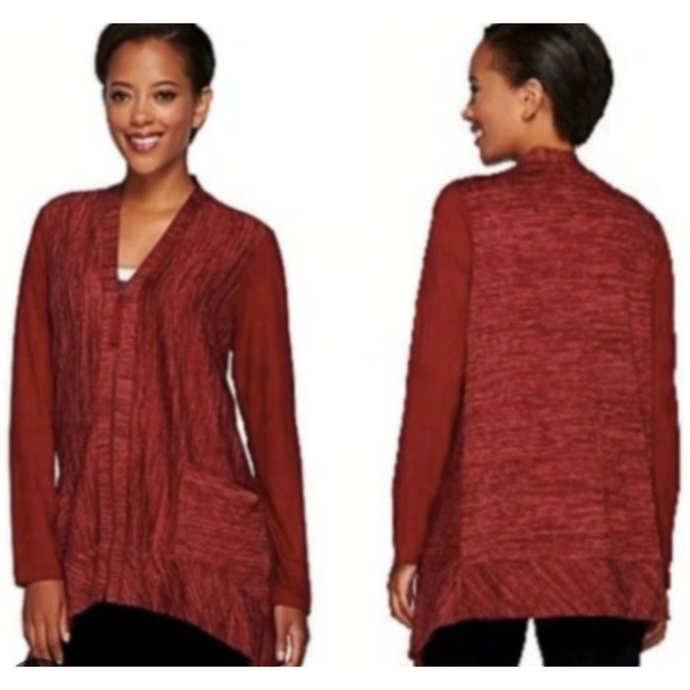 LOGO Lori‎ Goldstein Red Marled Knit Asymmetric Faux Suede Sleeve Cardigan Large